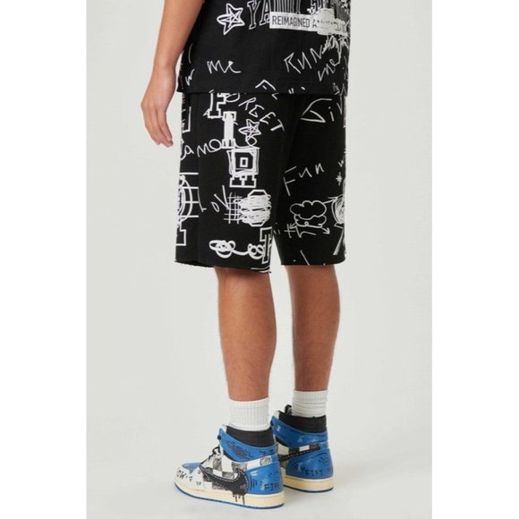 ALLOVER HAND DOODLING PUFF PRINT SHORTS JEANS CASUAL HOLES PANTS SHORT SUMER - Picture 4 of 5